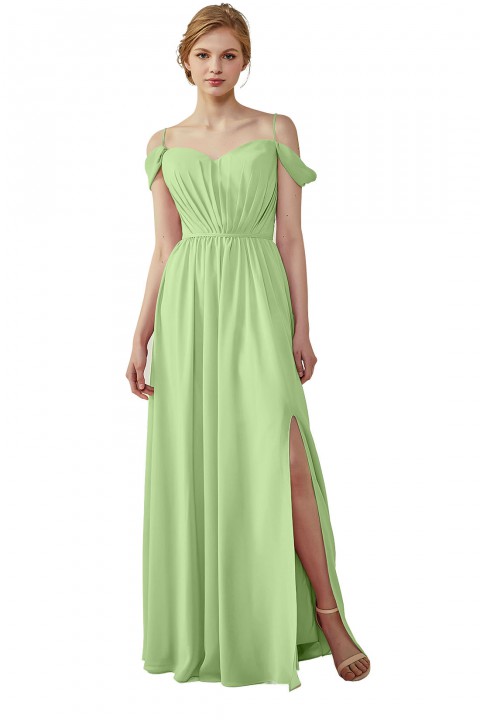 A-Line Cold Shoulder Spaghetti Straps Chiffon Bridesmaid Dress with Side Slit