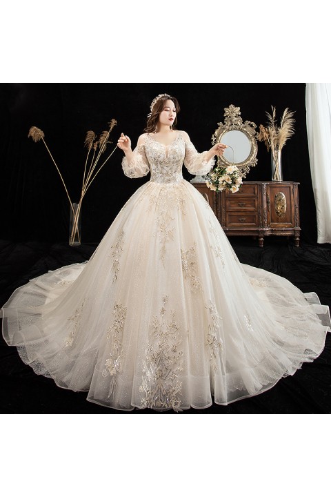 Plus Size 2021 Open Shoulder Deep V-neck Puff Sleeves Sequined Embroidered Flower Tulle Wedding Dress With Long Train