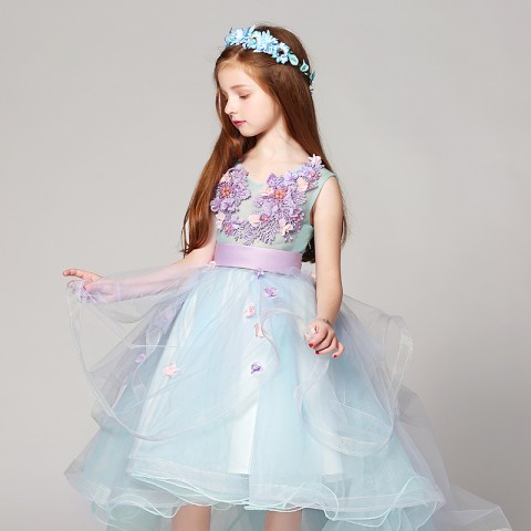 V-neck Sleeveless Flowers Shape Decor Small Train Tulle Skirt Girls Pageant Dresses