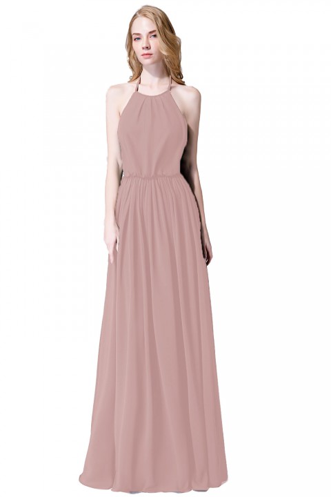 Halter Spaghetti Strap Open Back Chiffon Bridesmaid Dress with Sash