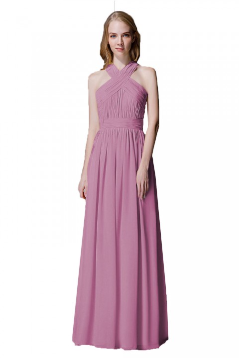 Criss-cross Halter Pleated Chiffon Bridesmaid Dress with Cross-straps Back