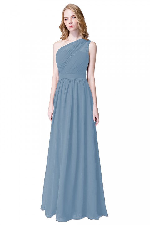 Illusion One-Shoulder Chiffon Pleated Bridesmaid Dress Long