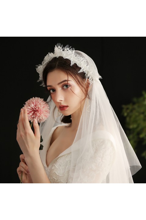 Vintage Lace Flower Shape Decor Soft Tulle Long Wedding Bridal Veil