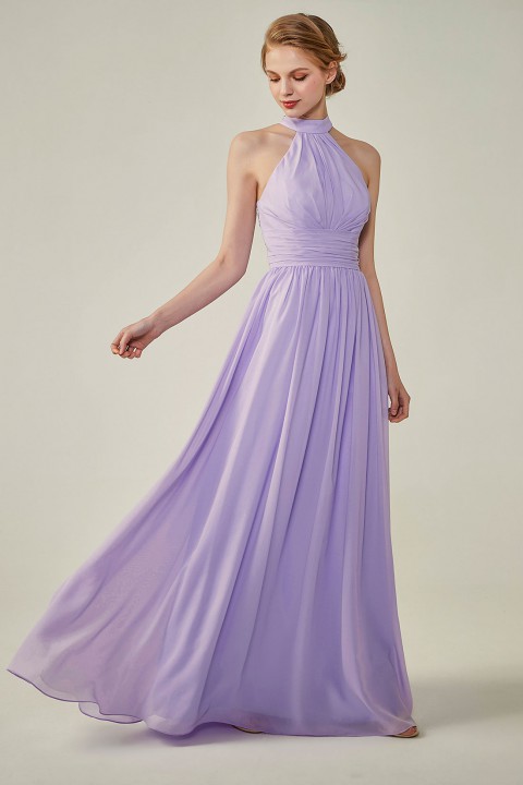 Clearance | Halter Neckline Chiffon Lace Back Halter Bridesmaid Dress with Sash