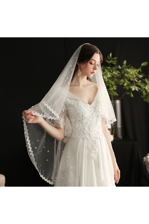 White Pearl Decor Soft Tulle Long Wedding Bridal Veil