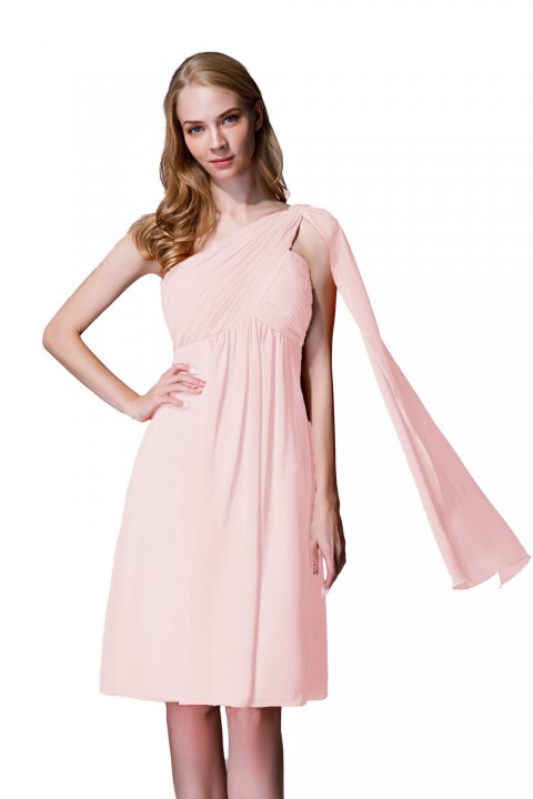 One-Shoulder Pleated Chiffon Short Bridesmaid Dress With Flowing Cape