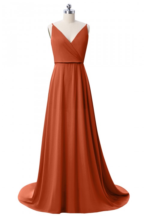 Low V Neck & Back Spaghetti Straps Bridesmaid Dress with Train