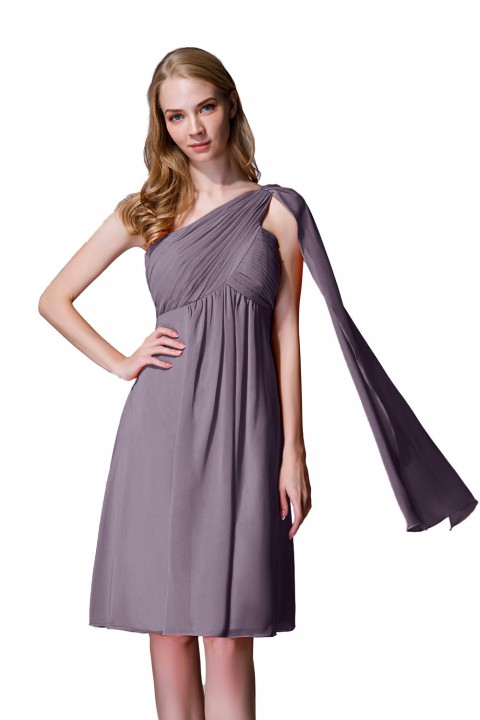 One-Shoulder Pleated Chiffon Short Bridesmaid Dress With Flowing Cape