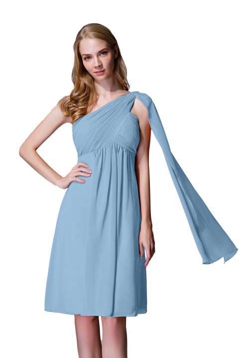 One-Shoulder Pleated Chiffon Short Bridesmaid Dress With Flowing Cape