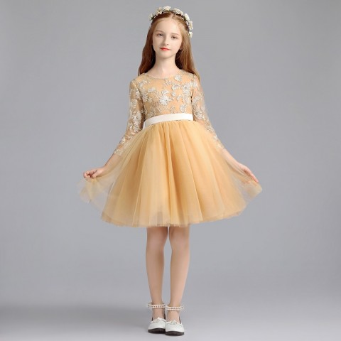 Golden Long Sleeves Embroidered Lace Tulle Short Skirt Girls Pageant Dresses