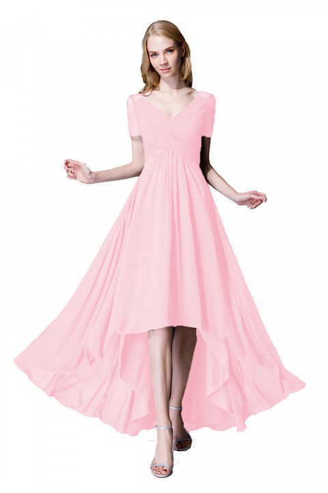 Criss Pleated V-neck High-low Chiffon Bridesmaid Dress with Illusion Sleeves