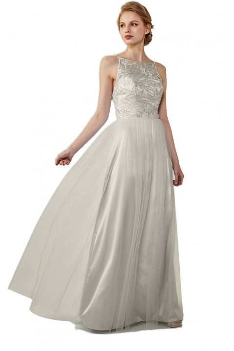 Tulle Lace Illusion Boatneck and Back Bridesmaid Dress with Keyhole 