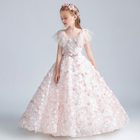 Light Pink Fantasy Round Neck Embroidered Beaded & Sequined Decor 3D Flower Tulle Skirt Girls Pageant Dress