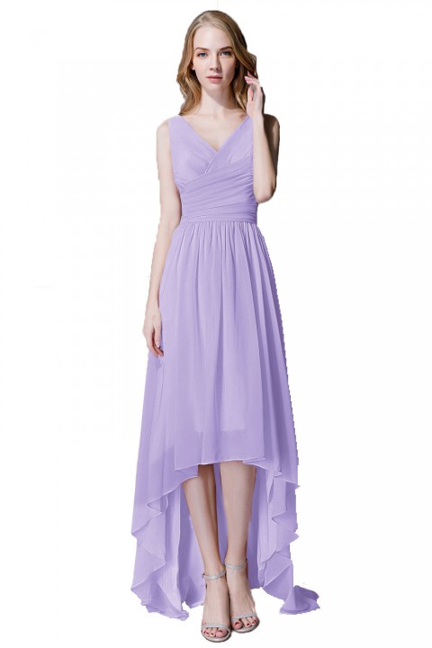 Romantic High-Low V-Neck Chiffon Ruched Bridesmaid Dress