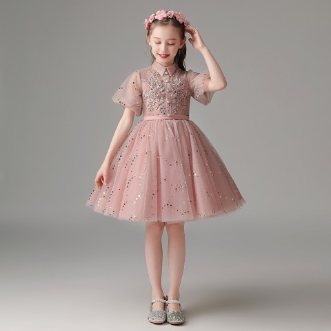 Pink Stand Collar Short Puff Sleeves Sequin & Beaded Flower Decor Shiny Tulle Skirt Girls Pageant Dresses