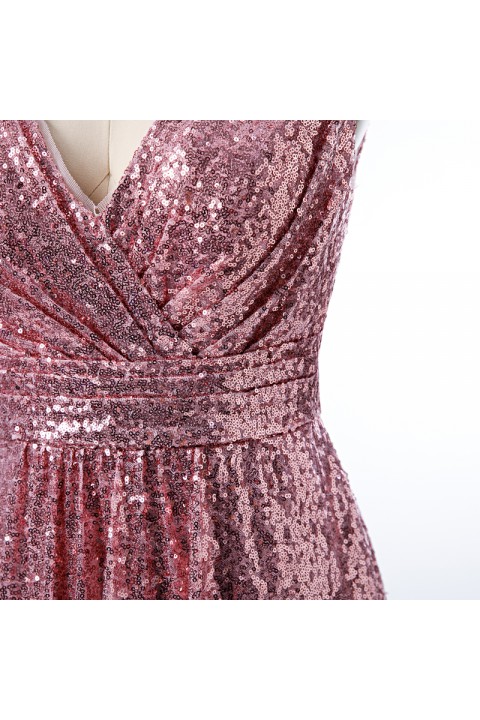 V Neck Ruched Bodice Glitter Sequin Bridesmaid Dress