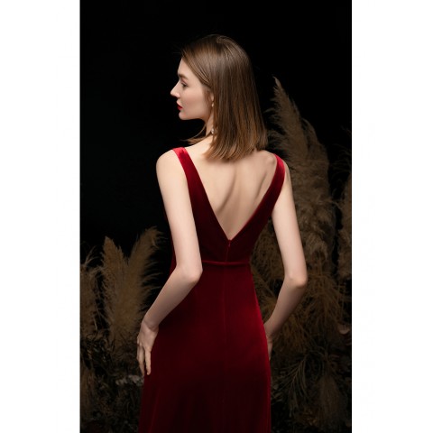 Burgundy Double V-neck Sexy Velvet Party Dress