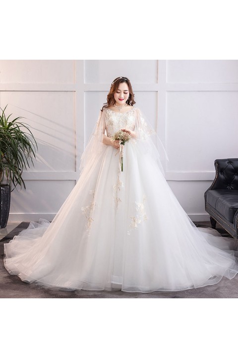 Plus Size 2021 Round Neck Trumpet Sleeves Sequined Decor Embroidered Flower Tulle Wedding Dress With Long Train