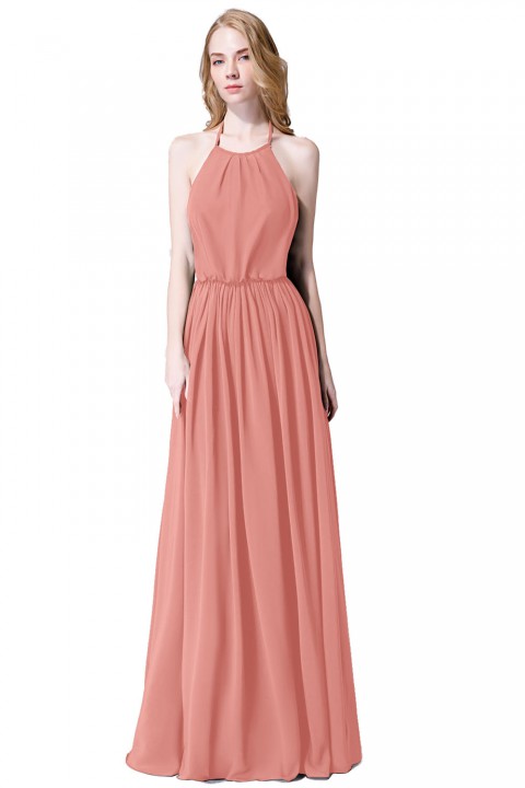 Halter Spaghetti Strap Open Back Chiffon Bridesmaid Dress with Sash