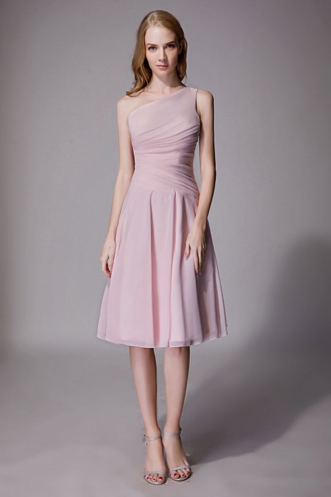 Asymmetrical One-Shoulder Chiffon Ruched Bridesmaid Dress Short