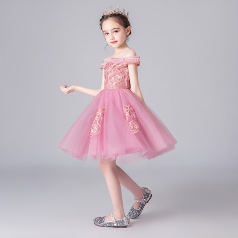 Pink Off-the-Shouder Sleeveless Princess Tulle Skirt Flower Girl Dresses With Sequins