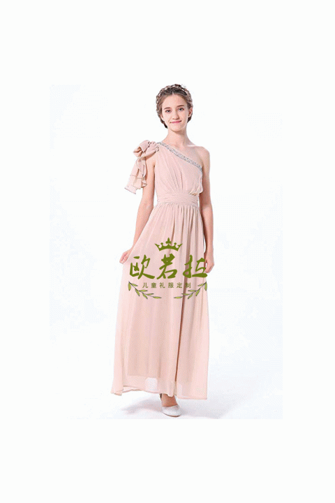One-shoulder Bow Decor Sleeveless Chiffon Skirt Junior Bridesmaid Dresses