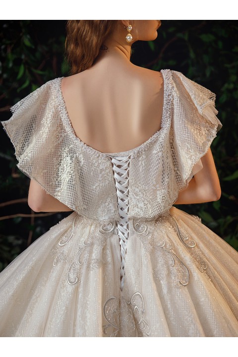 New 2021 Luxury Flounce Sleeves Beaded & Gorgeous Embroidered Fantasy Tulle Wedding Dress With Long Train