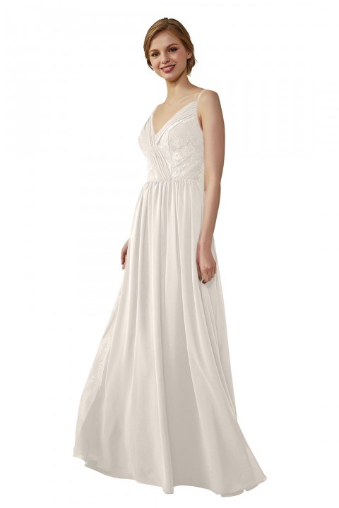 Double Spaghetti Straps Draped Lace Open-back Chiffon Bridesmaid Dress