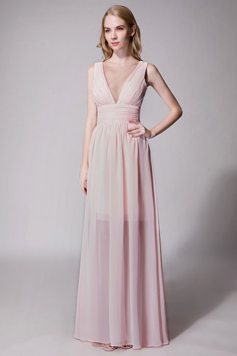 Plunging Illusion Tulle Scoop Neck High Slit Chiffon Bridesmaid Dress