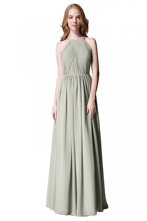 Pleated A-Line Halter Spaghetti-Straps Back Chiffon Bridesmaid Dress