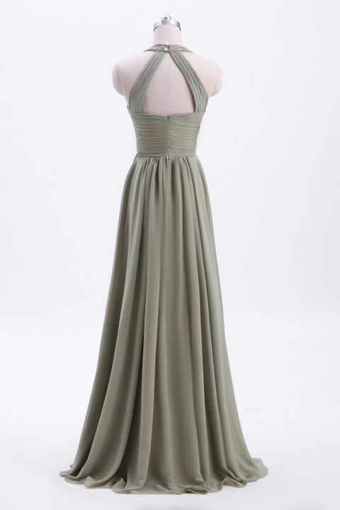 Sophisticated Halter Neckline Keyhole Back Pleated Bridesmaid Dress