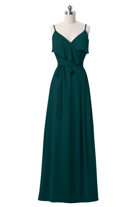 Spaghetti Straps Scoop Back Ruffled Chiffon Bridesmaid Dress with Sash