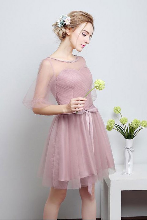 Tulle Illusion Scoop Corset Back Short Sleeve Bridesmaid Dress with Sash