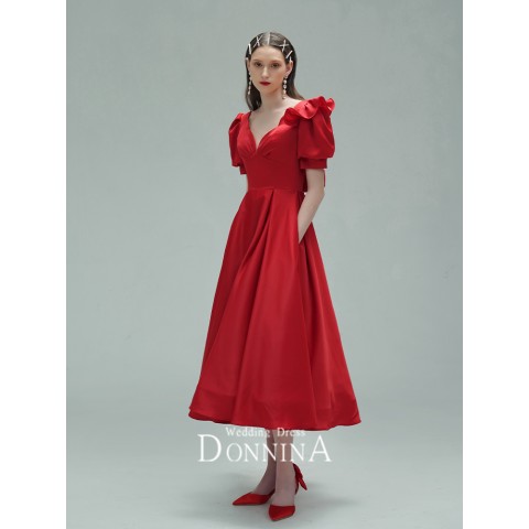 Red Deep V-neck Puff Sleeves Back Bow Decor Satin Party Dress