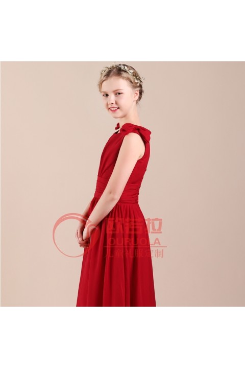 Red Sleeveless Floor-length Satin Skirt Junior Bridesmaid Dresses