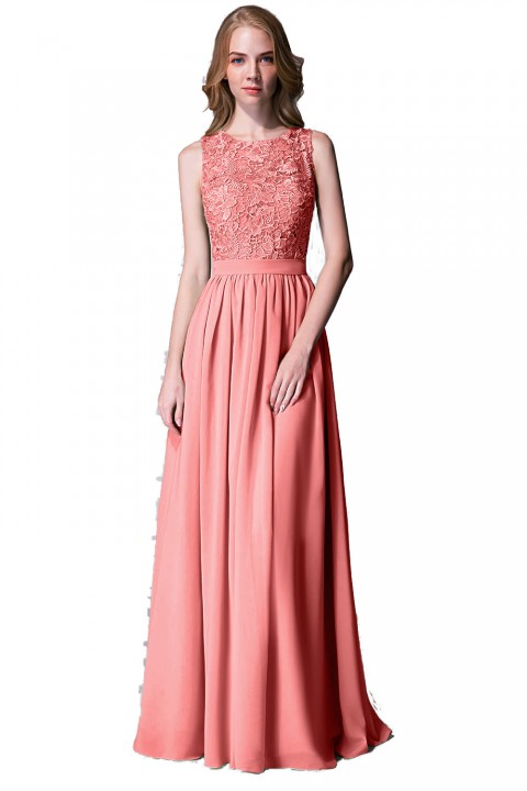 Lace Upper Bodice Illusion Scoop Neck Chiffon Bridesmaid Dress Sleeveless