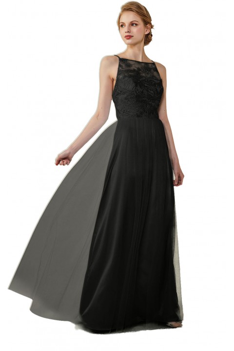 Tulle Lace Illusion Boatneck and Back Bridesmaid Dress with Keyhole 