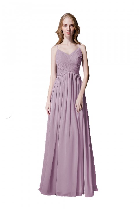 Spaghetti Straps Pleated Chiffon Bridesmaid Dress with Lace Open Back