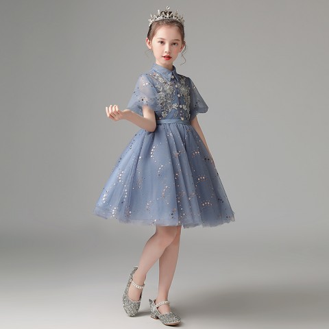 Blue Stand Collar Short Puff Sleeves Sequin & Beaded Flower Decor Shiny Tulle Skirt Girls Pageant Dresses