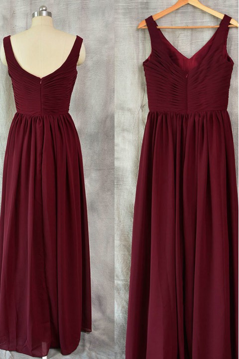 V Neck Pleated A-Line Bridesmaid Dress Long