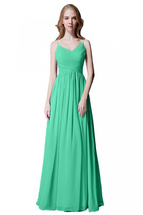 Spaghetti Straps Pleated Chiffon Bridesmaid Dress with Lace Open Back