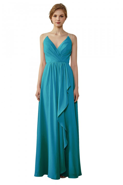 Lace Illusion Back Clousre Tulle Strap V-Neck Bridesmaid Dress with Ruffle