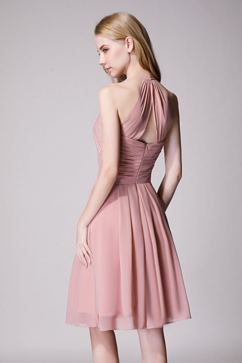 Elegant Halter Tea Length Pleated Chiffon Bridesmaid Dress with Tie Back