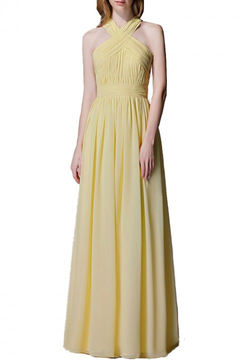 Criss-cross Halter Pleated Chiffon Bridesmaid Dress with Cross-straps Back