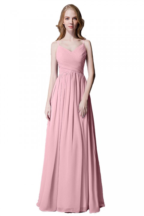 Spaghetti Straps Pleated Chiffon Bridesmaid Dress with Lace Open Back