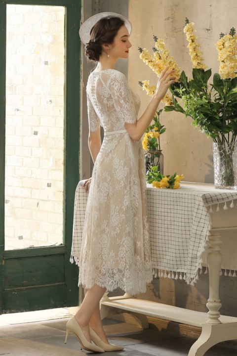 Round Neck Short Sleeve Button Back Lace Casual Wedding Dress