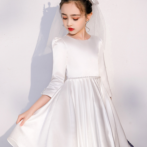 Creamy White Satin Bow Long Sleeves Princess Tulle Skirt Flower Girl Dresses