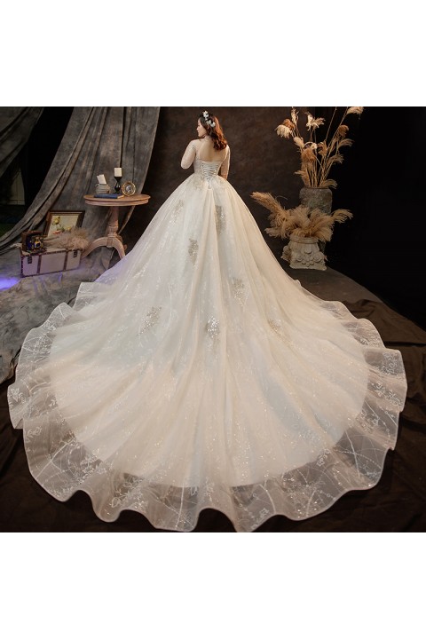 Plus Size 2021 High Neck Half Sleeves Beaded Sequin Decor Tulle Wedding Dress