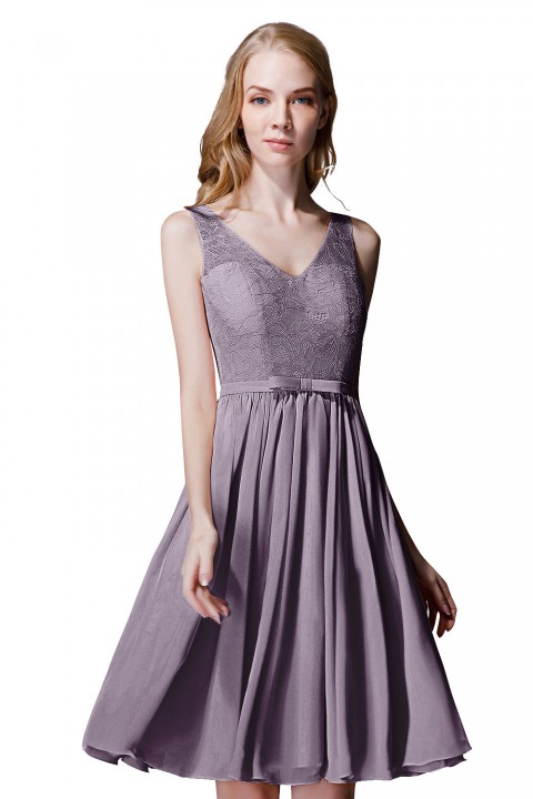 V-Neck Lace Bodice Straps Detail Back Short Bridesmaid Dress with Belt