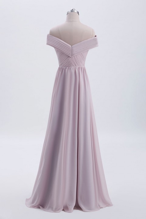 Crisscross Off-the-Shoulder Pleated V-back Bridesmaid Dress Long